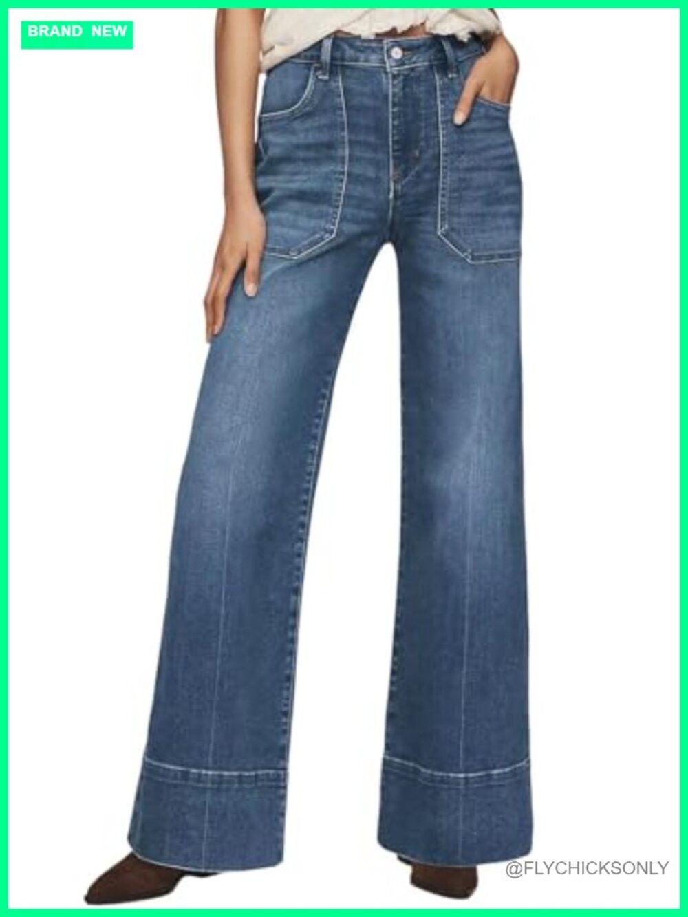 High Waisted Wide Leg Baggy Jeans with Front Pockets Stretch Denim